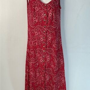 Red Paisley Maxi Dress with Button-Front Detail